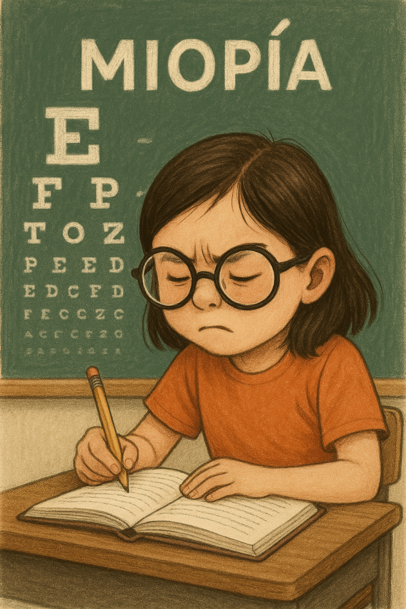 niña miope escribiendo