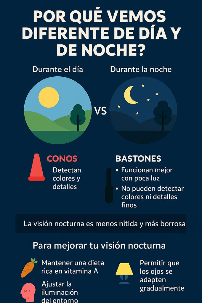 Ilustración sobre cómo cambia la visión humana en condiciones de baja iluminación y durante la noche